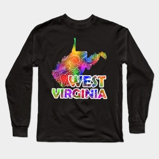 Colorful mandala art map of West Virginia with text in multicolor pattern Long Sleeve T-Shirt